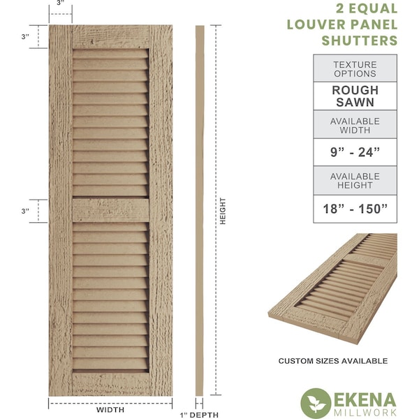 Rustic Two Equal Louver Rough Sawn Faux Wood Shutters (Per Pair), Primed Tan, 15W X 66H